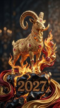 Aureate zodiac caprid: Chinese calendar, Eastern holiday, New Year, Fire Goat, golden Sheep, postcard banner, flyer design, congratulation text, copy space, business template, invitation card.