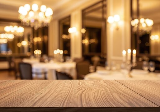 Empty wooden tabletop for product display with a soft bokeh background of an elegant restaurant interior illuminated by warm golden lights, empty, table, bistro