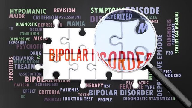 Bipolar I Disorder under magnifying glass, being researched, studied and examined. Most important subjects and ideas closely related to bipolar i disorder written around a puzzle.Can be looped.