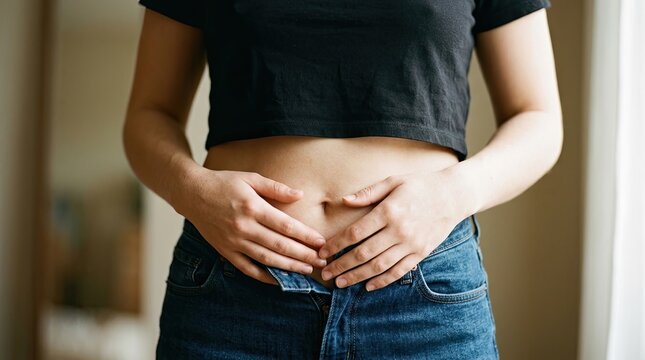 Woman experiencing abdominal bloating and tight jeans