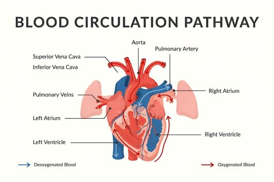Human heart blood flow diagram with oxygen and deoxygenated paths