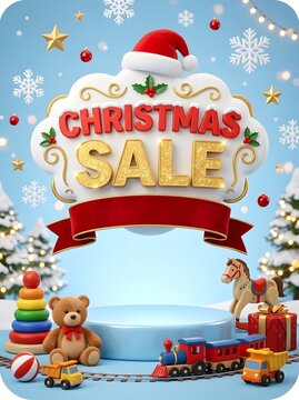 Christmas sale background with empty product display podium surrounded by festive toys and decorations