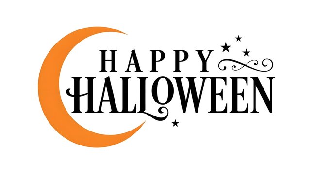 Happy halloween lettering with crescent moon and decorative stars on white background