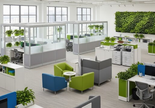Innovative open office featuring modular glass cubicles, vibrant green decor, and plush seating. Bright collaborative layout with copy space, layout, glass, seating