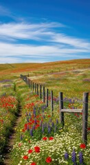 Obraz premium Lush rolling hills covered in vibrant wildflowers under a bright blue sky with fluffy clouds, featuring a rustic fence and a winding path, horizon, hills, field