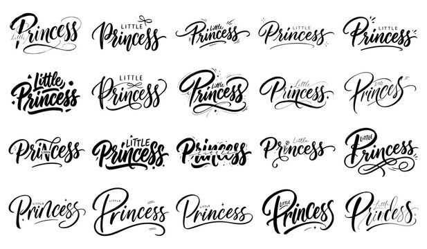 Collection of twenty different hand written little princess calligraphy lettering designs isolated on a white background for baby shower projects