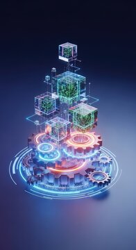 Modern digital landscape with glowing gears and translucent blocks connecting to symbolize technical growth and industrial learning, blue, industrial, background