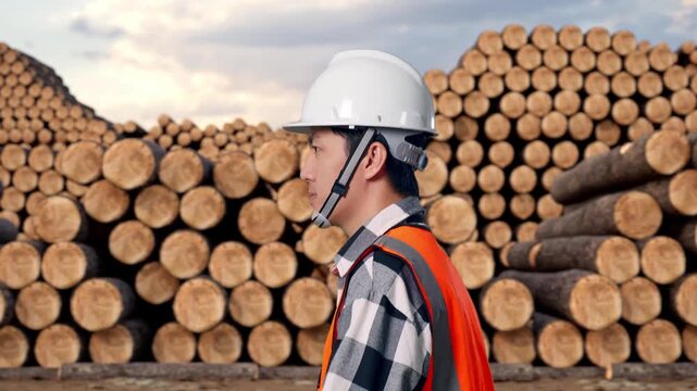 Side View of Asian Male Engineer Walking with Stacked timber logs pile at outdoor lumber yard