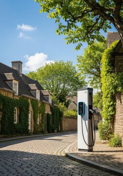 Modern electric vehicle charging station stands along a quiet cobblestone street in a traditional village, surrounded by greenery and trees, residential, future, clean