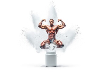 Powerful muscular form erupting from a supplement jar amidst a cloud of white powder, showcasing explosive energy and athletic strength, erupting, muscular, dynamic