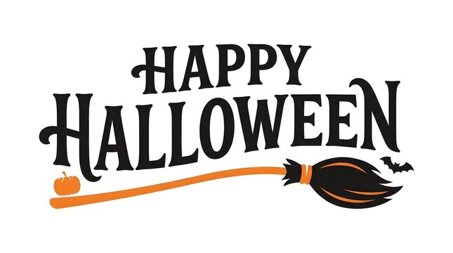 Happy halloween festive lettering with a broom and pumpkin illustration for seasonal designs