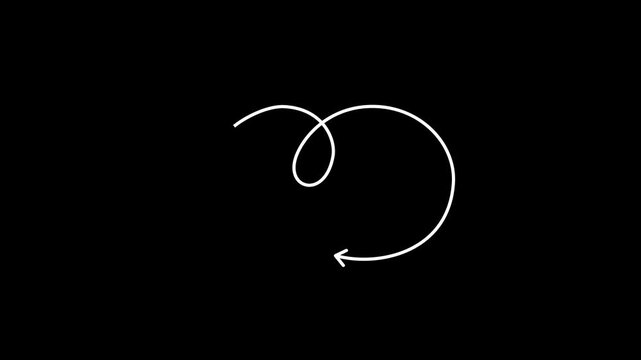 Big round arrow with loop hand-drawn sketch 4k animation. Circular curve turning sharply left. Playful swirl. Animated doodle direction. Scribble pointer.