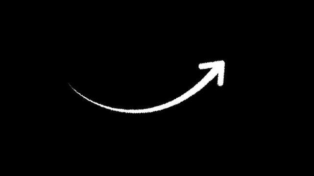 Smooth white hand drawn curved arrow animation pointing up right on a transparent background. 4k arrow animated motion video.