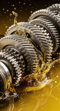 Polished steel gears rotate rapidly within a pool of translucent golden motor oil, creating dynamic splashes and intricate liquid textures, gearset, part, shiny
