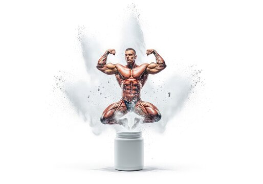 Powerful muscular form erupting from a supplement jar amidst a cloud of white powder, showcasing explosive energy and athletic strength, erupting, muscular, dynamic
