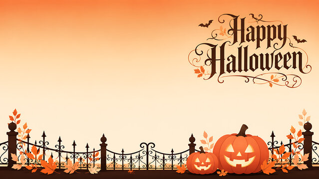 Happy Halloween Banner with Wrought Iron Fence and Autumn Leaves