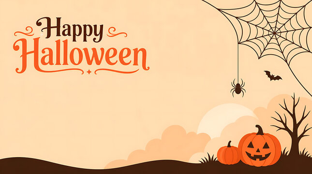 Happy Halloween Background Banner with Pumpkins and Spider Web