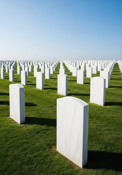 Rows of white marble monuments stand tall in a peaceful green field under a clear blue sky, symbolizing honor, sacrifice, and remembrance, remembrance, cemetery, tribute