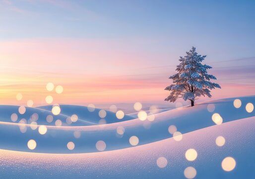 Serene winter landscape featuring rolling snow-covered hills under a pastel sunrise sky with glowing bokeh lights and sparkling frost, hills, cold, vista