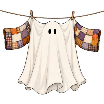 Cute ghost hanging laundry on a clothesline with patchwork sleeves, isolated on transparent background