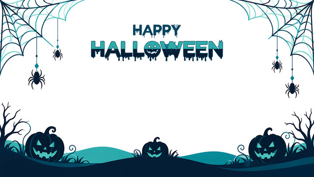 Teal and Blue Happy Halloween Border Background with Spider Webs