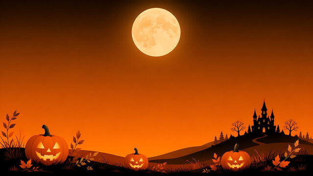 Spooky Halloween Night Landscape Background with Full Moon and Castle