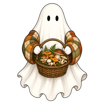 Ghost holding a basket full of mushrooms and ferns, isolated on transparent background
