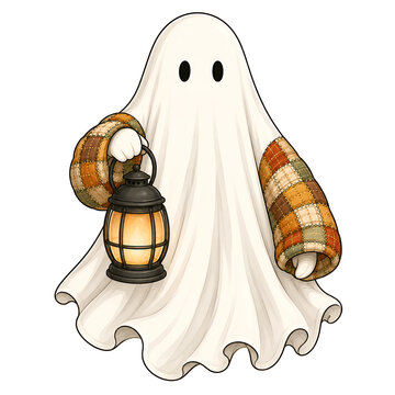 Ghost holding a glowing lantern at night, isolated on transparent background