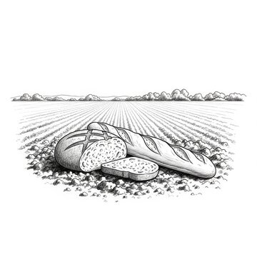 Simple black and white pencil sketch featuring a rural landscape field with artisanal rye bread and a baguette resting on the soil surface, rye, baked, wheat