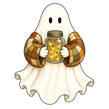 Cute ghost wearing patchwork sleeves holding a jar of fireflies isolated on transparent background