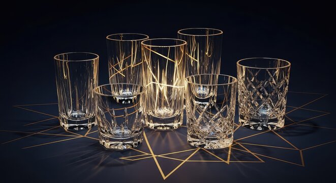 Sophisticated midnight celebration with gold geometric lines, abstract crystal glasses, and glowing lights against a dark navy background, symmetry, sharp, sophisticated