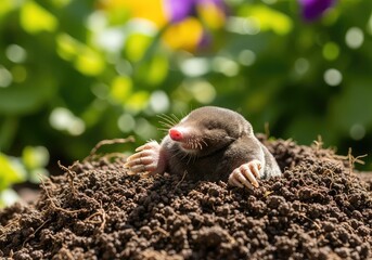 Fototapeta premium Tiny brown mole peeks out from a fresh earthen mound in a sunlit garden, showing its sensitive pink nose and powerful claws for digging, paws, creature, velvet