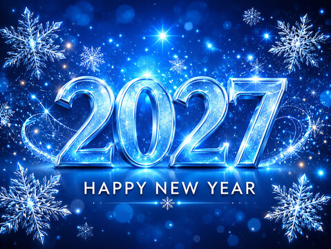 Sparkling blue 2027 Happy New Year text with snowflakes and starry background