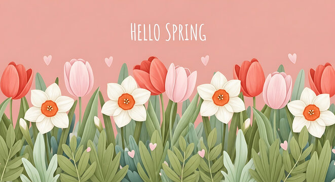 Beautiful illustration of spring flowers featuring colorful tulips and daffodils with a hello spring message on a soft pink background