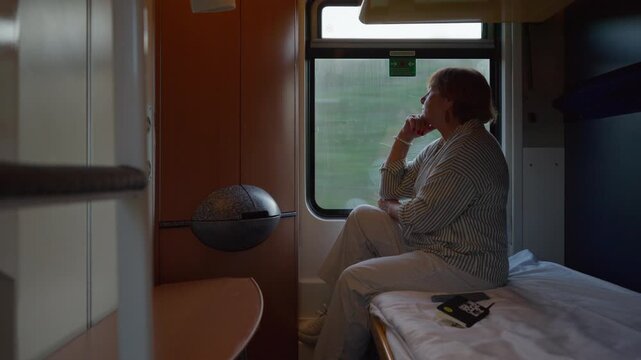 Senior woman sits in a sleeper train compartment looking out the window. Thoughtful passenger enjoys comfortable railway travel. Concept of peaceful solo journey and calm retirement lifestyle.
