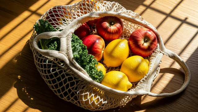 Eco friendly mesh shopping bag filled with fresh red apples lemons and kale on wooden surface with natural window light shadows for sustainable living concepts.