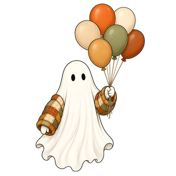 Ghost holding a bunch of autumn colored balloons, isolated on transparent background