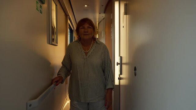 Senior woman walks down a train car corridor holding the handrail. Elderly female passenger enjoys a peaceful railway journey. Concept of active retirement lifestyle and comfortable travel.