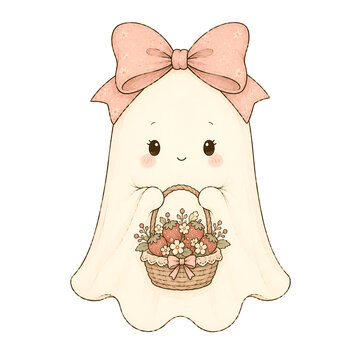 Cute ghost with a large pink bow holding a berry basket isolated on transparent background