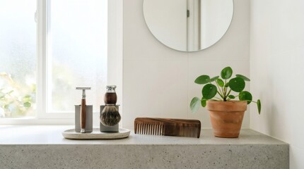 Fototapeta premium Modern Bathroom Countertop with Shaving Kit, Wooden Comb, and Pilea Plant