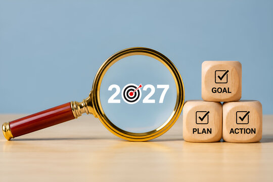 Focus on 2027 business goals, planning, and strategic actions for future success, magnified for clarity.