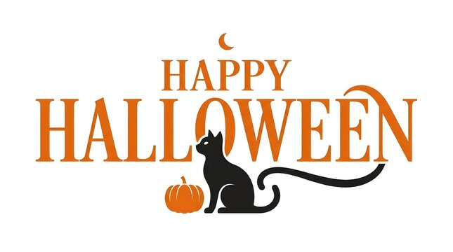 Happy halloween watercolor lettering with black cat and pumpkin illustration
