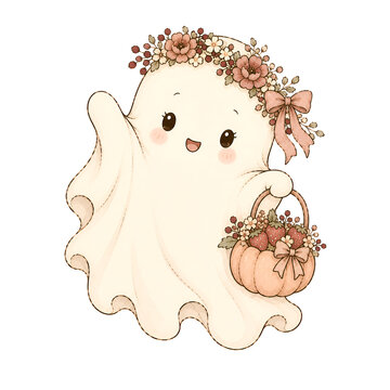 Cute ghost with floral crown and basket of berries isolated on transparent background, art