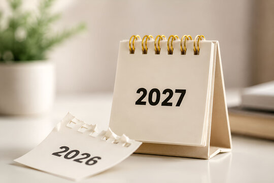 Desk calendar showing the year 2027, with the previous year 2026 torn off, symbolizing new beginnings.