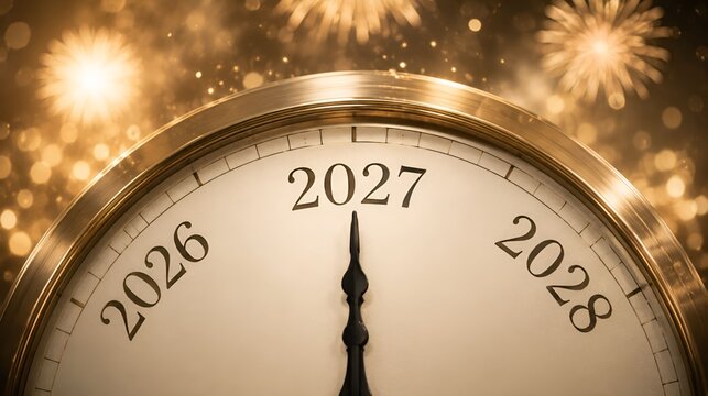 Golden clock face approaching midnight for 2027, with festive fireworks and bokeh lights celebrating the new year.