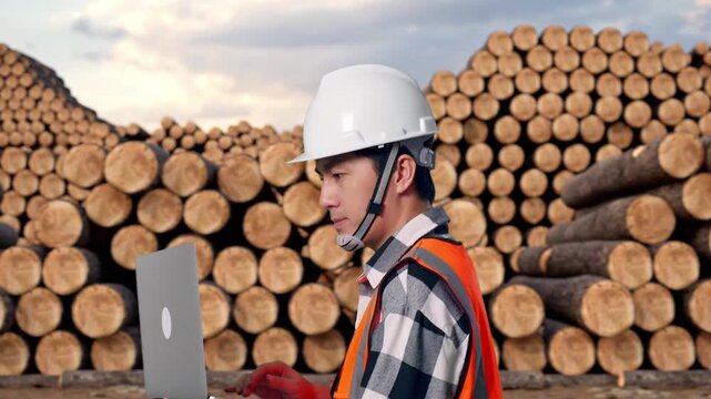 Side View of Asian Male Engineer Use Computer While Walking with Stacked timber logs pile at outdoor lumber yard