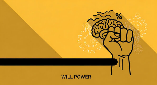Selfcontrol Conceptual illustration of willpower and mental strength with a human brain held by a clenched fist representing determination and