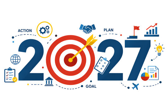 New Year 2027 concept with target, plan, goal, action, and business icons
