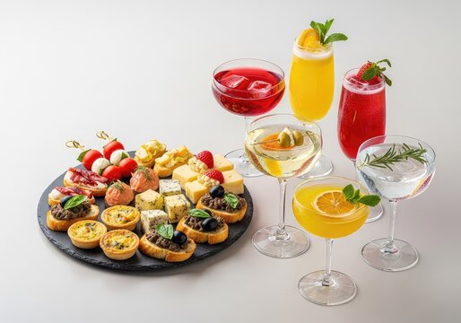 Vibrant festive table featuring gourmet appetizers, sparkling cocktails, and elegant glassware arranged beautifully for a social celebration, bokeh, delicious, platter