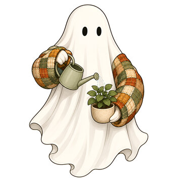 Cute ghost watering a potted plant isolated on transparent background, digital illustration